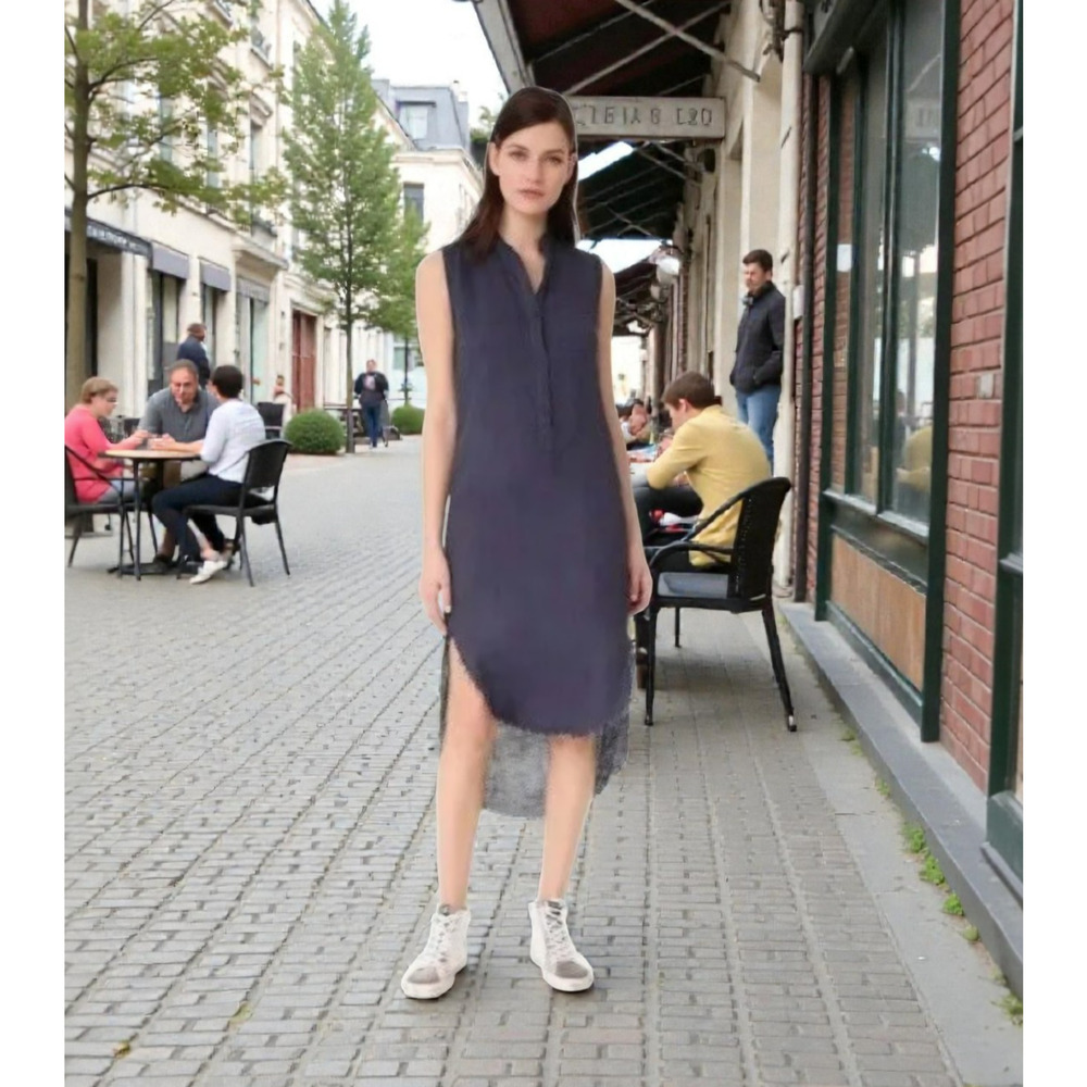 NSF Renny Navy Blue 100% Linen Sleeveless Buttondown Midi Shirt Dress, Size XS